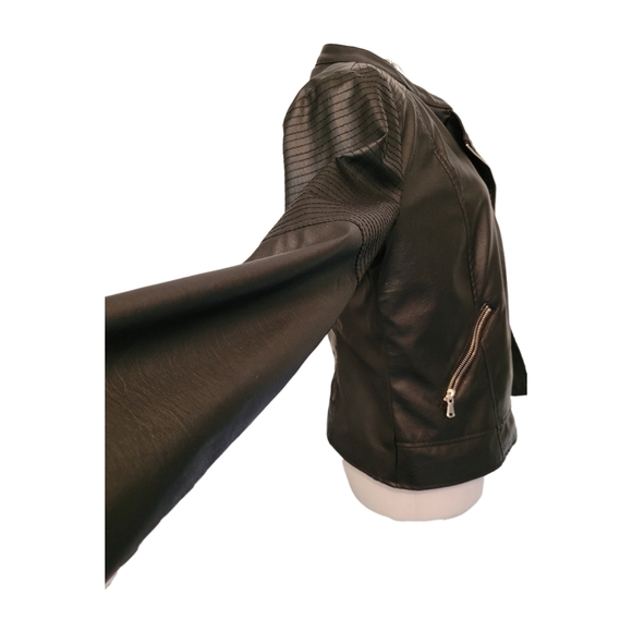 New Look Faux Leather Moto Jacket Black Full Zip Pockets Short Stylish Sz M EU - Picture 5 of 11